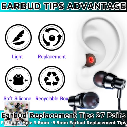54Pcs Earbud Replacement Tips,Ear Bud Rubber Tips Silicone Earbud Tips Earbud Covers Silicone Tips Headphone Covers for Ears Headphone Ear Covers Replacement (Inner Hole 3.8mm -5.1mm) 27 Pairs S M L