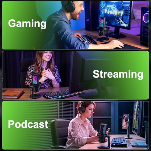 tenlamp RGB USB Condenser Microphone for Gaming Streaming Podcast - Cardioid with Touch Mute & Noise Reduction, Dynamic RGB Lights, Gain Knob, Headphone Monitoring, Plug and Play for PC Mac Phone