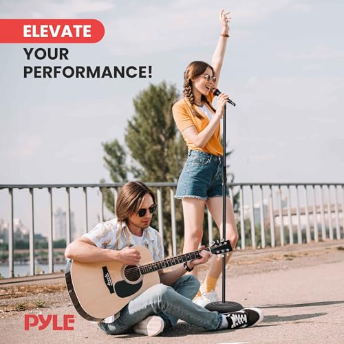 Pyle Adjustable Height Microphone Stand, 36.2" - 63.7” Inches Universal Mic Holder, Compact Design, Sturdy and Lightweight, Ideal for Studio and Concerts, With Mic Clip, Rubber Base (Black) - style: Round Base Floor Mic Stand