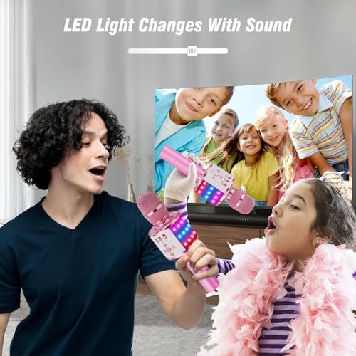 BONAOK Karaoke Microphone for Kids & Adults - Bluetooth Microphones Singing Mic with Disco Lights, Echo Effect, Built-in Speaker Portable Karaoke Player for Party Travel Gifts Q78(Light Pink) - color: Light Pink