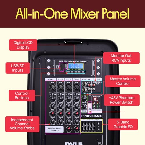Pyle PA Speaker DJ Mixer Bundle - 300 W Portable Wireless Bluetooth Sound System w/ USB SD XLR 1/4" RCA Inputs - Dual Speaker, Mixer, Microphone, Stand, Cable - Home/Outdoor Party - PPHP28AMX,Black