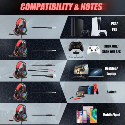 Ozeino Gaming Headset for PC, Ps4, Ps5, Xbox Headset with 7.1 Surround Sound, Gaming Headphones with Noise Cancelling Mic RGB Light Over Ear Headphones for Xbox Series X/S, Switch -Red - color: Red