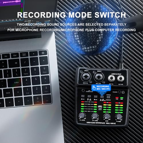 BOMGE M12 USB Audio Interface, 2-Channel Mixer, XLR/3.5mm Input, 48V Power Supply, Sound Card for PC Recording, Studio, Live Show, Karaoke, Plug&Play