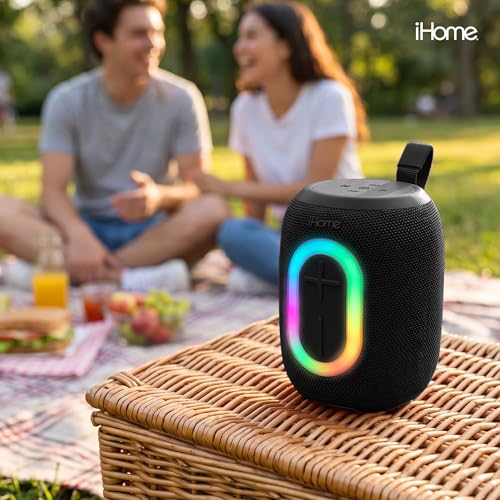 iHome Quest Wireless Portable Bluetooth Speaker with RGB Light | Water-Resistant, Built-In Carry Strap, TWS Pairing, Rechargeable Battery, USB-C Cable Included, True Stereo, Bluetooth 5.3 - color: Black