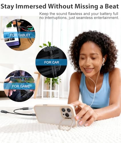 USB C Splitter 1 in 2 Out Dual Type C Headphone jack and Charger Adapter | 2in1 USB Type C Audio Jack Dongle with PD 60W Fast Charging Cable for iPhone 17 16 15 Pro Max, iPad, Samsung, LG More USBC