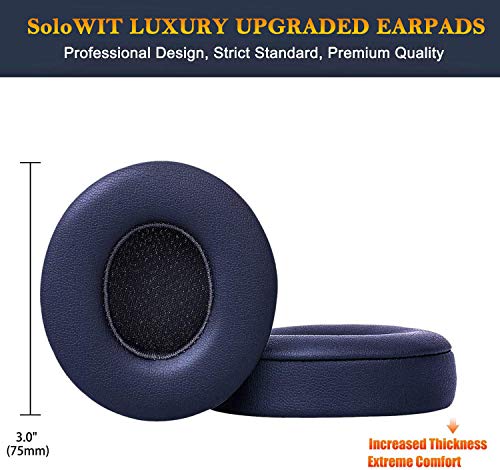 SoloWIT Earpads Cushions Replacement for Beats Solo 2 & Solo 3 Wireless On-Ear Headphones, Solo2 Solo3 Ear Pads with Soft Protein Leather, Added Thickness - Navy Blue - color: Navy Blue