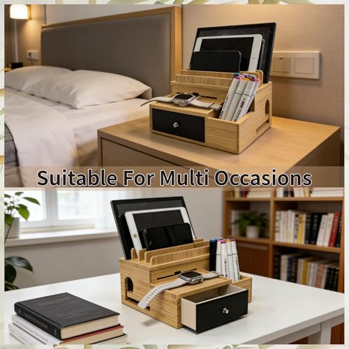 Bamboo Charging Station Organizer with Drawer and Pen Holder | Charging Stand Rack for Multi-Devices, Cable Organizer Box, Bedside Dock Stand Holder (Include 5 Cables)(No Power Adapter)
