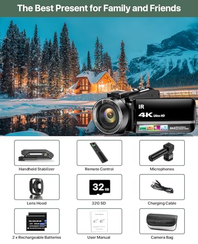 4K Video Camera Camcorder 64MP Vlogging Camera for YouTube 3.0" Touch Screen 18X Digital Zoom IR Night Vision with External Stereo Microphone,Remote,Lens Hood,Handheld Stabilizer,32G Card &2 Batteries
