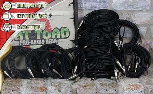 Fat Toad 20ft Instrument Cables (ShieldedPRO X Series) 24 Pack – 1/4 Inch Gold Straight-End Guitar Cords – 24 AWG Wires for Amp, Bass, Keyboard, Studio Use - size: 24 Pack