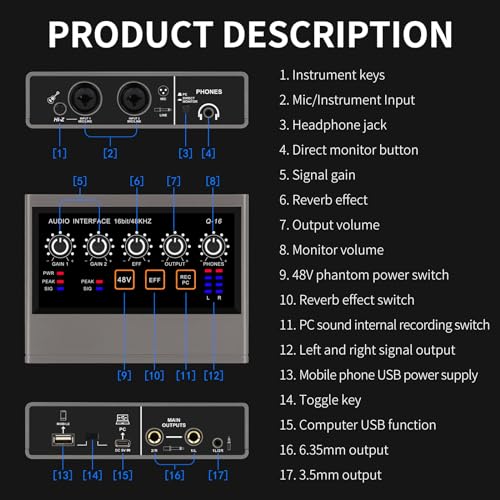 XTUGA USB Audio Interface for PC with Touch Model 16 bit/48 kHz, DSP Effect, 48V Phantom Power XLR Audio Interface for Recording Music, Live Streaming, Q-16