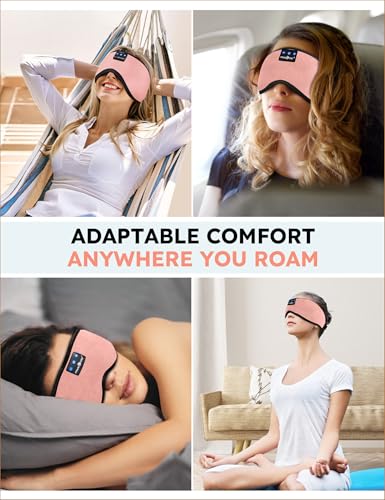 MUSICOZY Sleep Headphones Bluetooth 5.4 Sleep Eye Mask with HD Speakers | Soft Cotton Fabric, Flat Design, 14 Hours Playtime, Washable Headband Style for Side Sleepers, Travel Meditation Relaxation - color: Pink