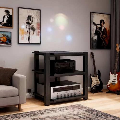 Heavy Duty Audio Rack Tower, Av Media Player Stand with Wooden Shelves, Black Cd Stereo Equipment Cabinet, Suitable for Home,Office/Audio Video/Theate (Black, 3 Tier) - size: 3 Tier