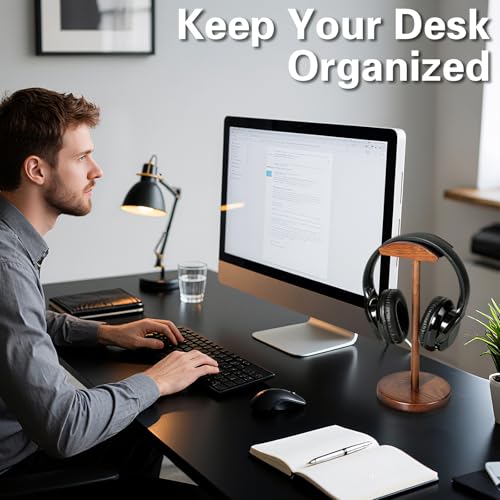 Walnut Wood Headphone Stand for Desk, Heavy Duty Wooden Headset Stand, Wide Compatibility Gaming Headset Hanger Holder, Stylish Desk Accessories for Home & Office