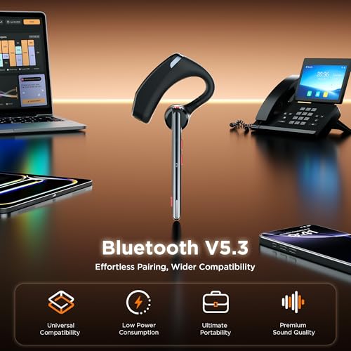 Bluetooth Headset V5.3, Wireless Headset with Dual Noise-Canceling Microphones, Portable Charging Case, 300H Standby Time, Hands Free Headphones for Computer/Cell Phones, Trucker/Home/Office/Work