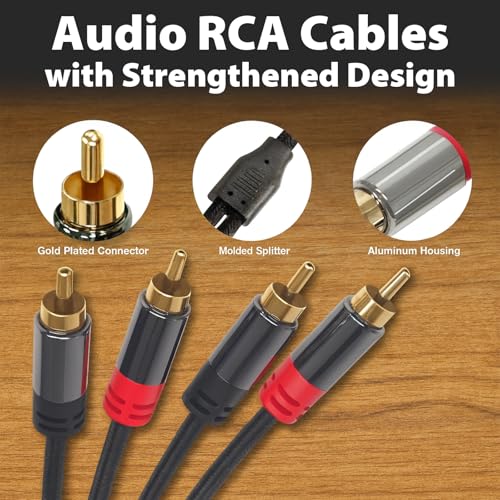 RCA Audio Cable, 2RCA to 2 RCA Cables Car Audio, 15ft | Male to Male, Shielded Cables with Braided Jacket and Gold-Plated Connectors – for Home Theater, Car, Amplifier, Speaker - size: 15ft