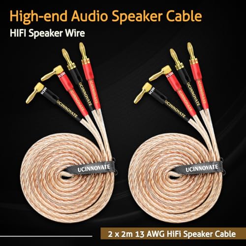 UCINNOVATE 2 Pack 13 AWG Speaker Cable with Banana Plugs, 2X 2m HiFi Speaker Wire with 4mm Gold-Plated Right Angle Banana Plugs, Solid Audio Cable Cord for Audiophile Home Theater - size: 2 x 2m HiFi Speaker Cable