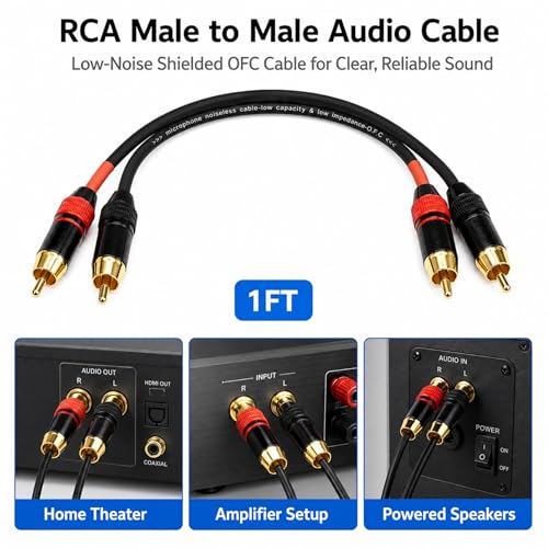 RCA Cable 1ft 2-Pack, Male to Male Gold Plated Subwoofer Cable, Low Noise Shielded OFC Audio Cable for Amplifier, Home Theater, HDTV, Speaker