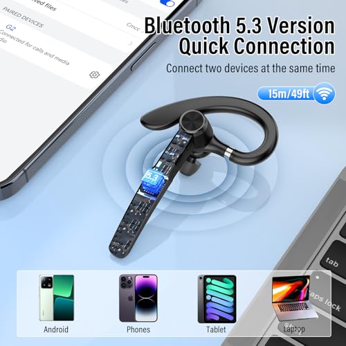 Bluetooth Headset, 2026 Wireless Bluetooth 5.3 Earpiece, 60Hrs Single-Ear Headset with Mute Button, Dual Noise Cancelling Mics, IP7 Waterproof Hands Free Headphone for Trucker, Business, Gray Black