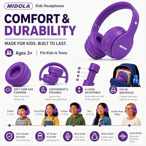 Kids Bluetooth Headphones Wireless 68 Hours,Safe Volume Limit 85/94dB | Adjustable Headband Foldable Over-Ear Lightweight Headsets for Toddler Girls Boys Tablet/iPad,HD Stereo,Built-in Mic,Purple - color: Purple