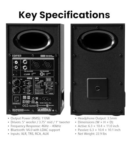 Edifier MR5 2.0 Studio Monitor Bookshelf Speakers, 110W RMS, Black | Hi-Res Audio, Bluetooth 6.0, 3-Way Active Design, Room Compensation, XLR/TRS/RCA Inputs, Home Studio & Music - color: Black