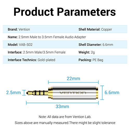 VENTION 3.5mm Female to 2.5mm Male Audio Adapter Converter Premium Quality Headphone Earphone Headset 2.5mm Male to 3.5mm Female Audio Connector Gold Plated 3 Ring Jack Stereo or Mono(2 Pack)