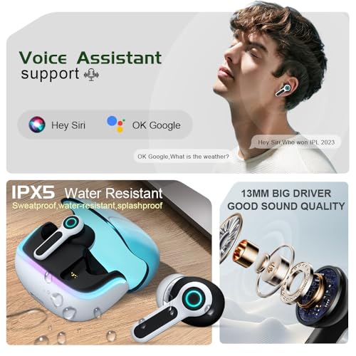 G07 Wireless Earbuds with RGB LED Light, Gaming Earbuds with 40ms Low Latency, Dual Game and Music Mode Earphones, Wireless Headphones with 50 Hours Worktime, IPX5 Waterproof Quad Mic ENC - color: BLUE