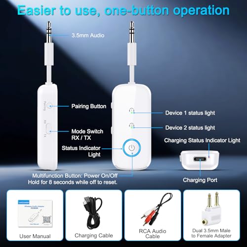 Premium Pro Bluetooth 5.4 Transmitter Receiver,Airplane Audio Adapter,Wireless Transmitter for TV/Travel Flight,Airline,Gym.Compatible with 2 AirPods/Headphones,Bluetooth Receiver for Car/Home Stereo - color: White