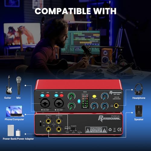 USB Audio Interface,4-In 2-Out Audio Interface with 48V Phantom Power 24-bit/192kHz, Dual TS/XLR Inputs Plug & Play for Recording, Podcasting, Streaming, Guitar, Vocalist