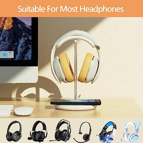 Hiwe Headphone Stand with Wireless Charger, Gaming Headset Holder for Desk | 2 in 1 Charging Station for iPhone, Samsung, AirPods and Desk All Headphones, Aluminum Support Rod, Heavy Base Stand, White - color: White
