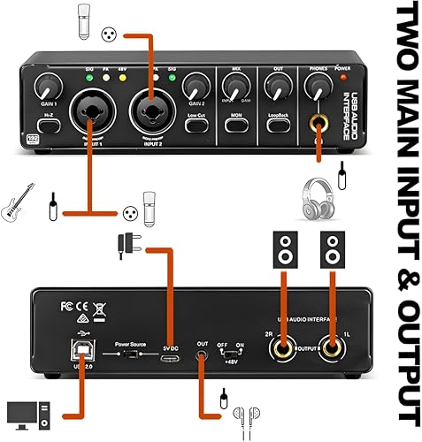 2X2 USB Audio Interface for PC Mac Laptop, 24Bit 192kHz for Computer Recording, Guitar, Streaming, Podcasting, with 48V Phantom Power, XLR TSR TS Ports