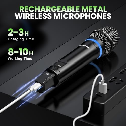 4 Channel UHF Wireless Mic Set with Handheld/Bodypack/Headset/Lapel Mics with Bluetooth Receiver Box + Volume Control Echo for Karaoke PA DJ Party (Wireless Microphone System)