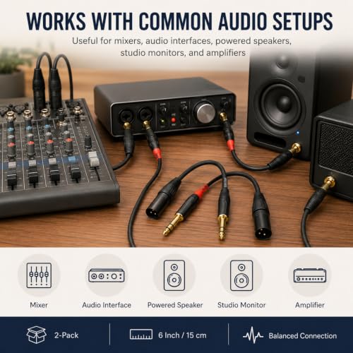 Sam&Johnny 1/4 to XLR Cable 6 Inch 2-Pack, Balanced Patch Cable TRS Male to XLR Male for Studio Monitor, Mixer & Amplifier – 24K Gold Plated, OFC Recording & Live Sound
