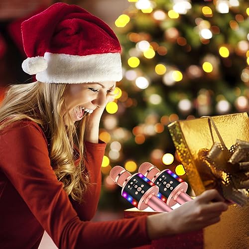 BONAOK Rose Gold Karaoke Microphone for Kids & Adults, Bluetooth Singing Mic with Disco Lights & Echo Effect, Built-in Battery Non-Detachable, Portable Karaoke Speaker Player for Party, Travel & Gifts - color: Rose Gold