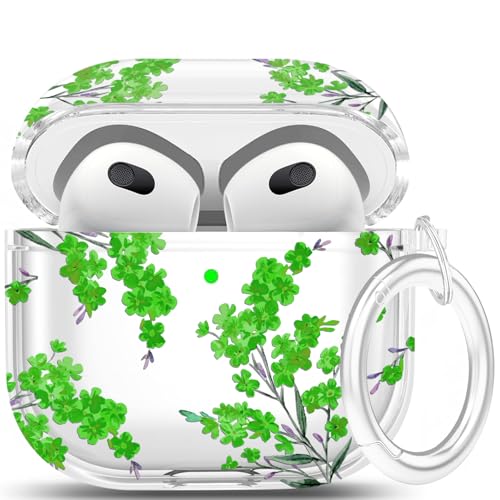 Clear Case Compatible with Airpods 3 Case Cover, Wonjury Protective Floral Case Cover with Keychain Compatible with Airpods 3 Generation (2021 Released), Front LED Visible,Green Flower - color: Clear Flower Green
