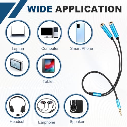 MECCANIXITY 2Pcs 3.5mm Splitter Male to 2 Dual 3.5mm Female Y Jack Aux Splitter for Phone Headset Tablets, 1ft, Blue - color: Blue