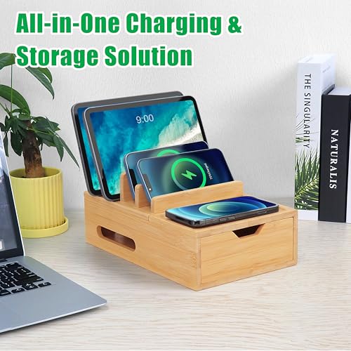 Bamboo Charging Station for Multiple Devices, Desktop Charger Organizer with Tray& Drawer, Wooden Docking Station for Smart Devices, Cell Phone, Tablet,Watch (Include 6 Cables, 5 Port USB Charger)