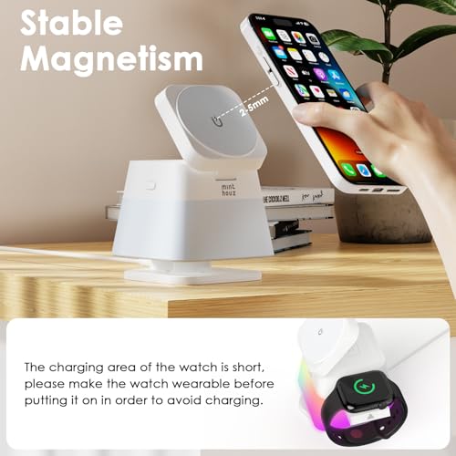 Minthouz 3 in 1 Charging Station for iPhone, Wireless Charger for Apple, MagSafe Charger with Night Light, 360° Rotation, Compatible with iPhone 16, 15, 14, 13, 12 Pro, Apple Watch & AirPods Pro 4/3/2
