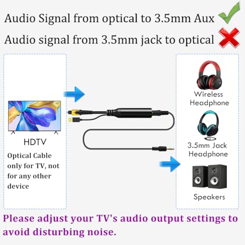 192KHz DAC SPDIF Optical to 3.5mm AUX Speaker Audio Converter | Signal Only from TV Optical to AUX Speaker, Must Be Powered by Its USB Cable, TV Audio Output Format Must Set to PCM Stereo - color: Black