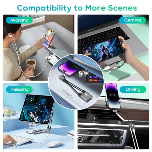 Right Angle Magnetic 2-IN-1 Lightning to 3.5mm Audio Jack Headphone and Charge Cable Adapter for iPhone,90 Degree Earphone Converter Splitter Support Music+Charge+HiFi+Mic for iPhone14 13 12 11