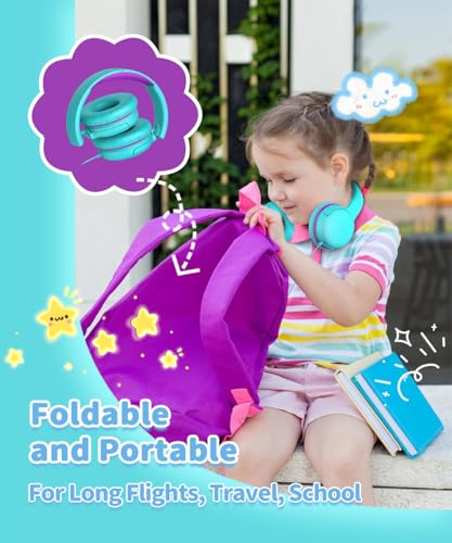 Wired Kids Headphones with Mic, 85/94dB Safe Volume Control, Foldable On-Ear Headset for School, Travel, Tablet & Laptop, 3.5mm Jack, Green & Purple - color: GreenPurple