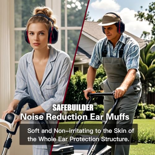 SAFEBUILDER Ear Muffs Noise Reduction SNR 33dB Adjustable Lightweight Safety Earmuffs Sound Proof Noise Cancelling ANSI - color: 1-black Combine Red