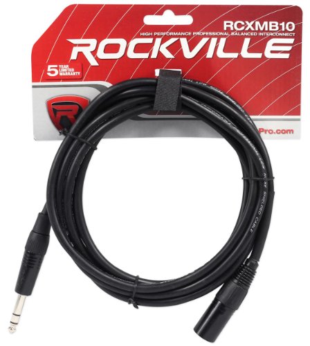 Rockville RCXMB10-B 10' Male REAN XLR to 1/4'' TRS Cable Black 100% Copper | Patch Cable, Balanced Audio, Nickel Plated, 24 AWG OFC, 90% Spiral Shield, EMI/RFI Rejection, Flexible, Low Noise - color: BLACK