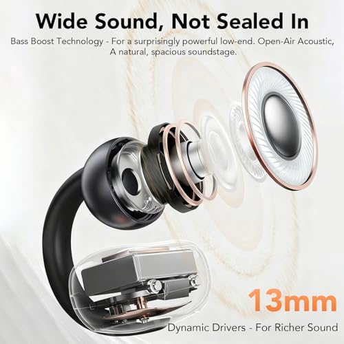 Clip on Earbuds Open Ear Wireless Bluetooth 5.4 Headphones with Noise Cancelling Mic, 48H Playtime Ear Buds,IP68 Waterproof, Comfortable for Small Ears (Black)