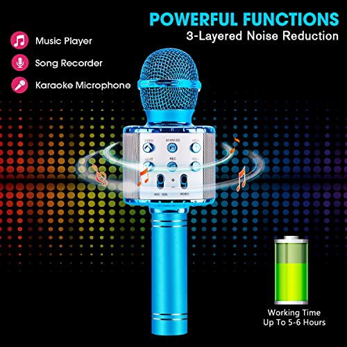 BlueFire 4 in 1 Karaoke Wireless Microphone with LED Lights, Portable Microphone for Kids, Great Toys for Kids, Girls, Boys and Adults (Blue) - color: Blue