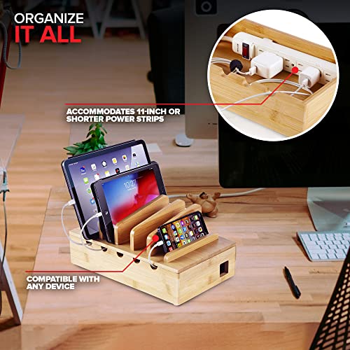Modern Innovations Bamboo Charging Station for Multiple Devices (Natural) Wood Device Organizer, Desk Docking Stand for Cell-Phone Charger, Compatible with Apple, Android, iPad, iPhone, Tablet, Laptop