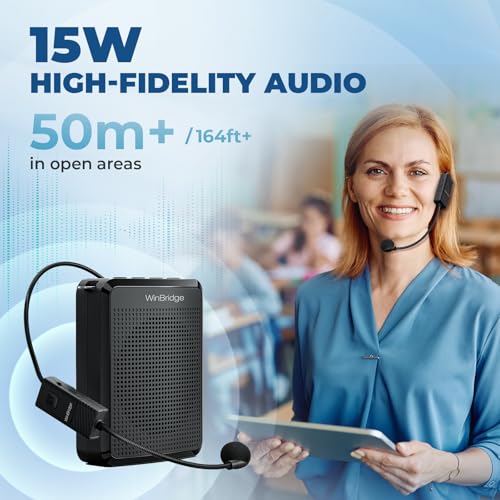 WinBridge Wireless Voice Amplifier with Headset Mic, 15W Mini PA System | Power-On Auto Sync,Dual Music + Voice Playback,Ideal for Teaching,Fitness, Tours & Public Speaking, Ultra-lightweight, WB008U