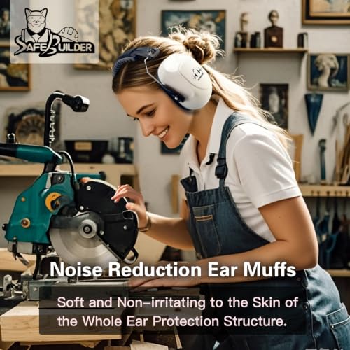 SAFEBUILDER Ear Muffs Noise Reduction SNR 33dB Adjustable Lightweight Safety Earmuffs Sound Proof Noise Cancelling ANSI - color: 1-white