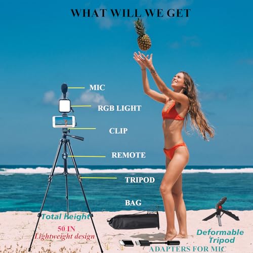 Vlogging Kit for iPhone, Vlogging kit for Android Phone,YouTube Starter Kit with Two Tripods Light Microphone Remote and Jack Adapter - size: M with Shotgun Mic