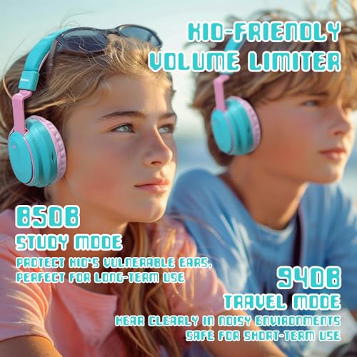 Mokata Kids Headphones Bluetooth 5.3 Wireless Lightweight Fast Charging 68 Hours Play Time Volume Limited 85/94dB Over Ear Foldable with Built-in Mic for Toddler Boy Girl Tablet Pad Cyan - color: Cyan