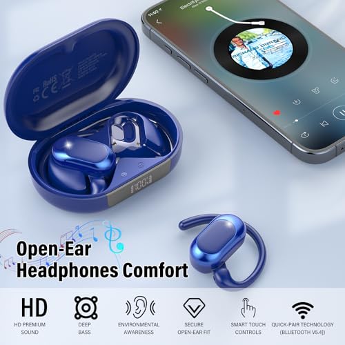 Open Ear Headphones, NEW Over Ear Earbuds with 4 ENC Noise-Canceling Mic | Ultra-Comfort Bone Conduction Earbuds, BT5.4, HD Stereo, IPX7 Waterproof, Ergonomic Earhooks,36H Sports Ear Buds for Running - color: Blue